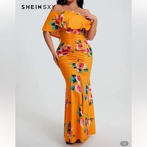 SHEIN Orange Floral Off-Shoulder Maxi Dress
